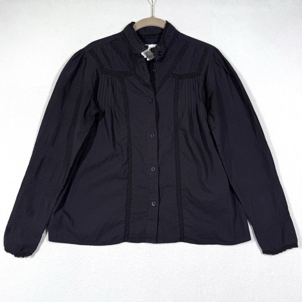 The Shirt Rochelle Behrens Top Womens Small Pintuck Crochet Button Career Black